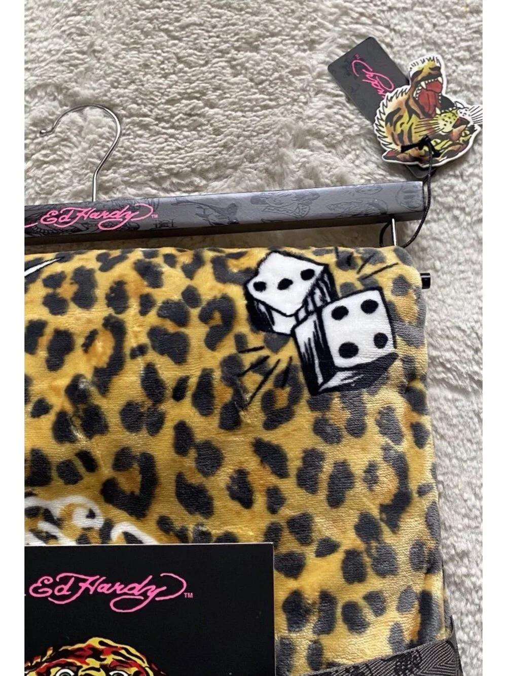 Ed Hardy Animal‎ Print Plush Oversized Throw Blanket Tiger Heart  Bird Dice NEW